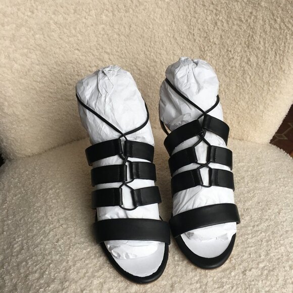 9,5 New Splendid Brayden Lace Up Sandals Block Heel Black Leather Gladiator - Picture 3 of 11